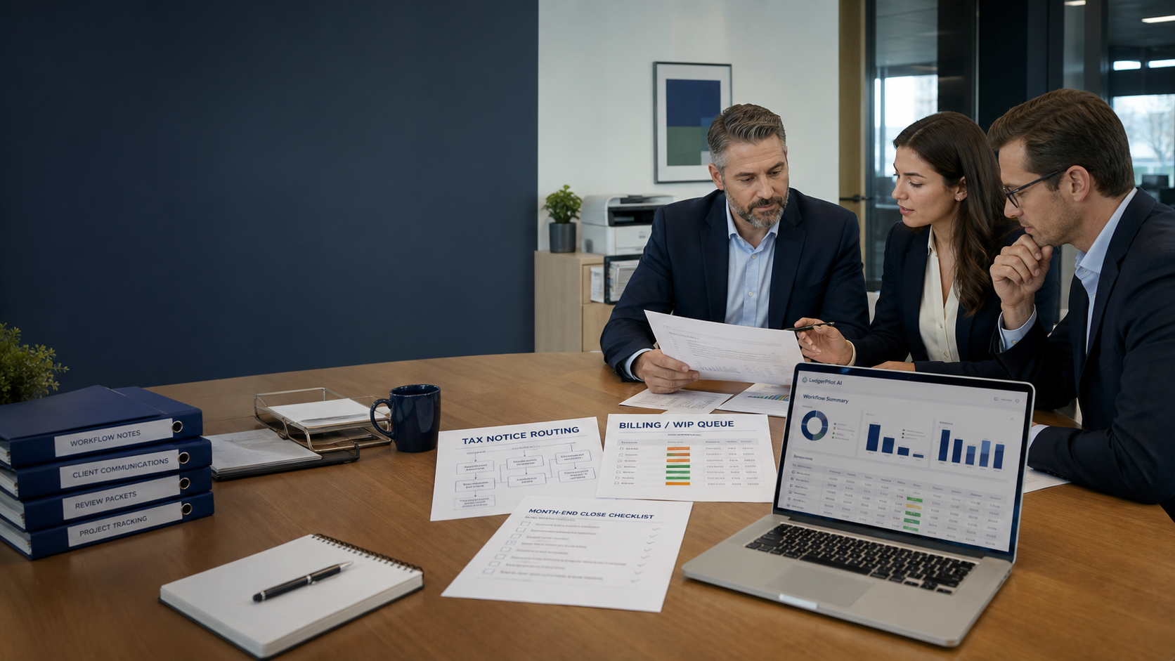 Accounting firm leaders reviewing workflow notes and a LedgerPilot AI discovery dashboard.