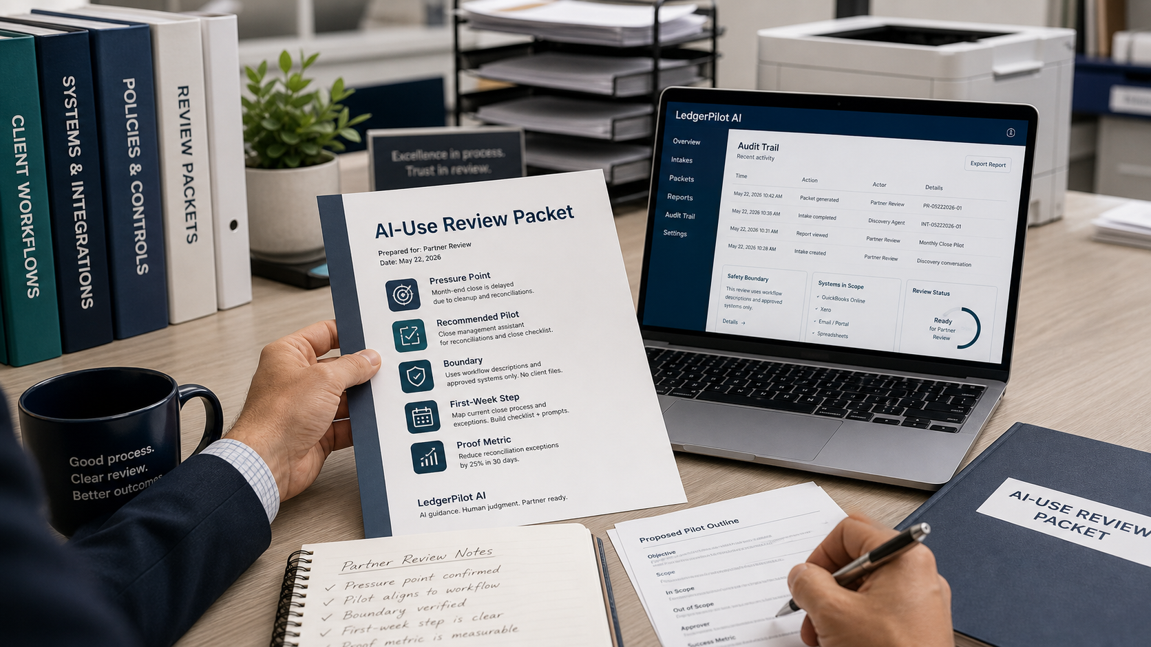 A LedgerPilot AI-use review packet beside an audit trail dashboard.