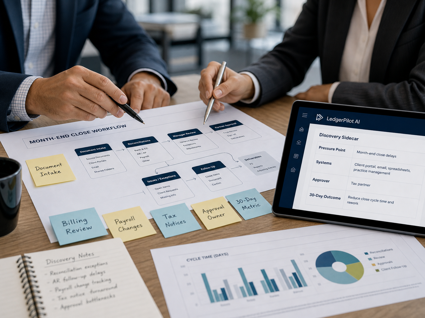 Workflow notes, approval steps, and a LedgerPilot AI sidecar summary during an accounting discovery session.